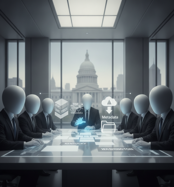 A group of faceless figures in suits discussing legislation in a conference room — No United States Aid for Terrorism Act
