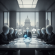A group of faceless figures in suits discussing legislation in a conference room — No United States Aid for Terrorism Act