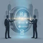 Illustration of two suited figures presenting digital files inside a vault, for the Epstein Wall Street Records Act of 2026.