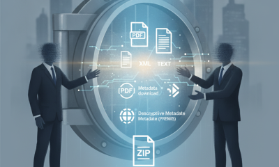Illustration of two suited figures presenting digital files inside a vault, for the Epstein Wall Street Records Act of 2026.