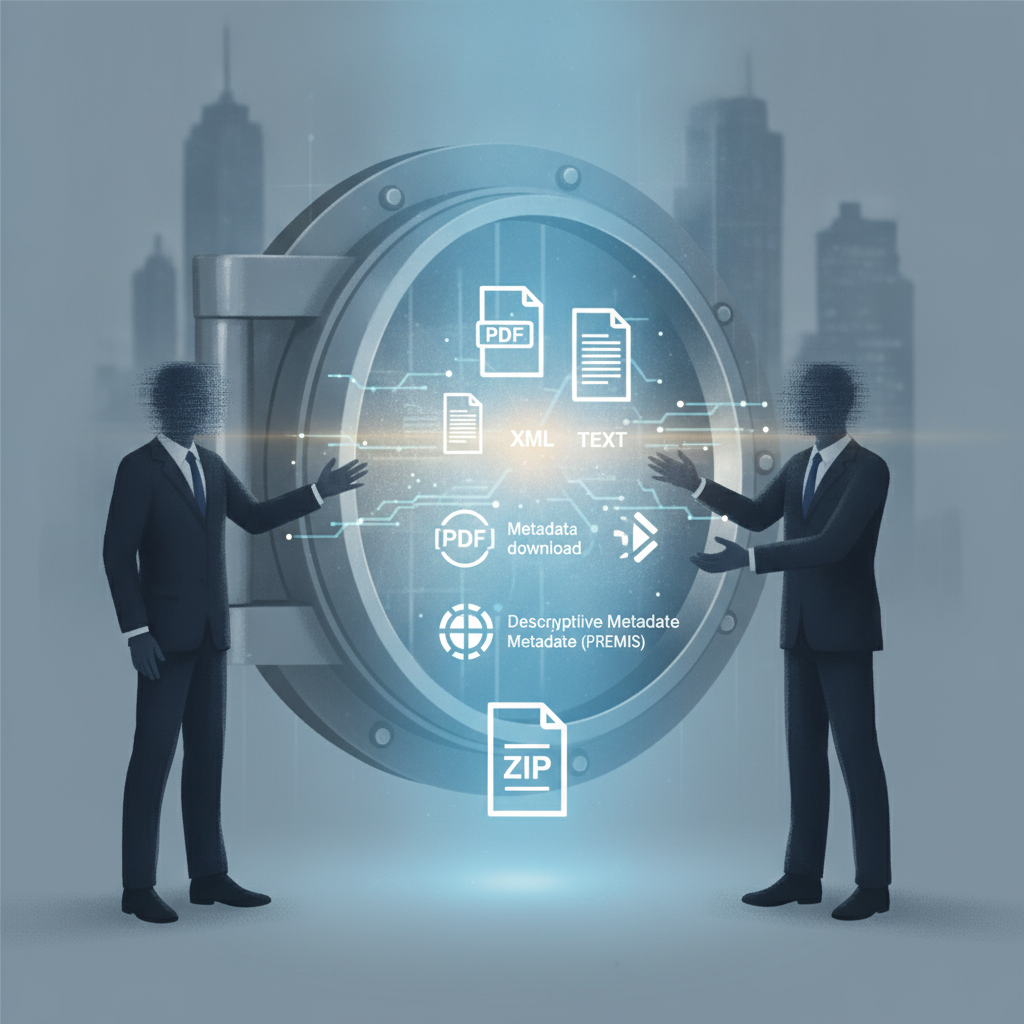 Illustration of two suited figures presenting digital files inside a vault, for the Epstein Wall Street Records Act of 2026.