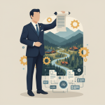 A suited figure holding a document in front of a scenic landscape wi — National Park System Long-Term Lease Investment Act