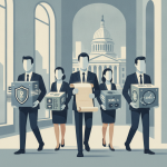 Five professionals in suits carrying boxes and a scroll, with a government building in t — Safe Access to Cash Act of 2026