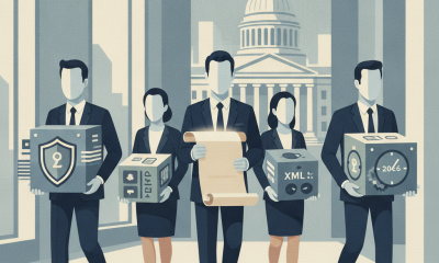 Five professionals in suits carrying boxes and a scroll, with a government building in t — Safe Access to Cash Act of 2026