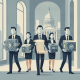 Five professionals in suits carrying boxes and a scroll, with a government building in t — Safe Access to Cash Act of 2026