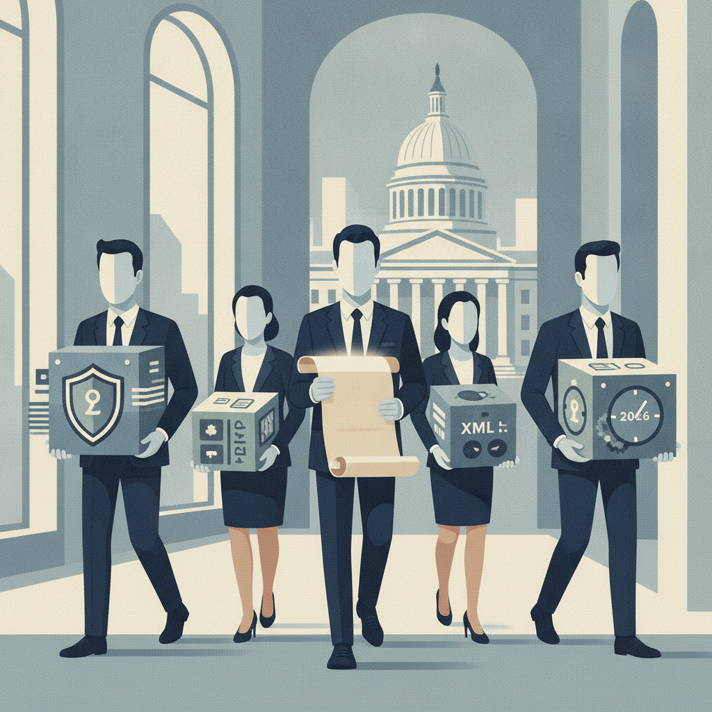 Five professionals in suits carrying boxes and a scroll, with a government building in t — Safe Access to Cash Act of 2026