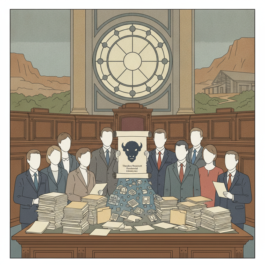 Illustration of officials gathered around documents beneath a Theodore Roose — Theodore Roosevelt Presidential Library Act