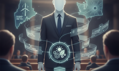 A faceless figure in a suit presenting market solutions related to National Clean Energy Week 2026 in a legislative setting.
