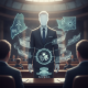 A faceless figure in a suit presenting market solutions related to National Clean Energy Week 2026 in a legislative setting.