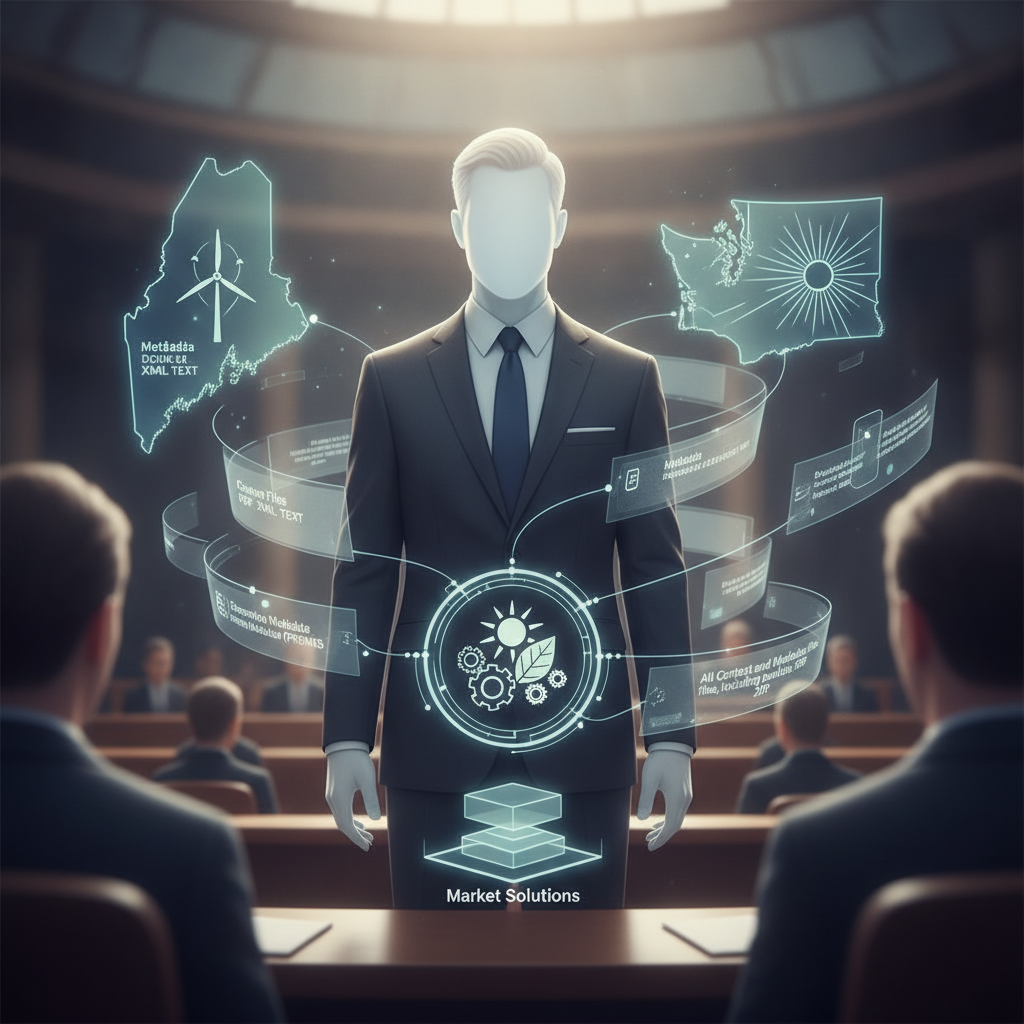 A faceless figure in a suit presenting market solutions related to National Clean Energy Week 2026 in a legislative setting.