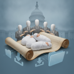 Illustration depicting newborns wrapped in cloth on a scroll, with faceless fi — National Infant Mortality Awareness Month