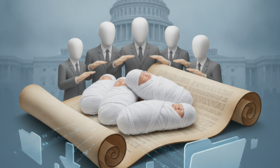 Illustration depicting newborns wrapped in cloth on a scroll, with faceless fi — National Infant Mortality Awareness Month
