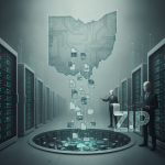 RECLAIM Act Data Centers illustration with server racks, a circuit-board map of Ohio, and figures handling digital files.