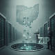RECLAIM Act Data Centers illustration with server racks, a circuit-board map of Ohio, and figures handling digital files.