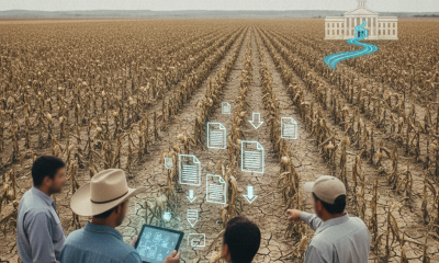 Farmers examine a dry, cracked field as digital aid documents link it t — South Texas Agriculture Emergency Assistance Act