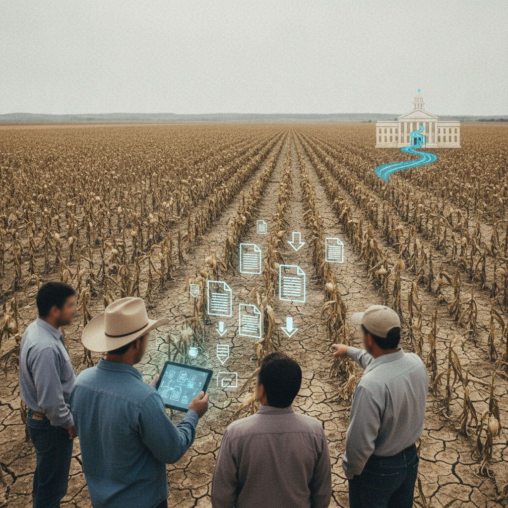 Farmers examine a dry, cracked field as digital aid documents link it t — South Texas Agriculture Emergency Assistance Act