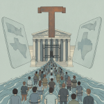 Illustration depicting a crowd approaching the Supreme Court building, sy — Supreme Court Trump immigrant detention policy
