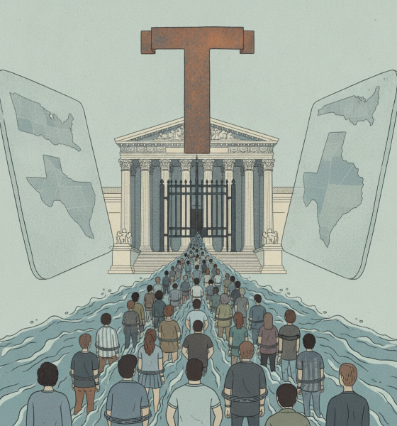 Illustration depicting a crowd approaching the Supreme Court building, sy — Supreme Court Trump immigrant detention policy