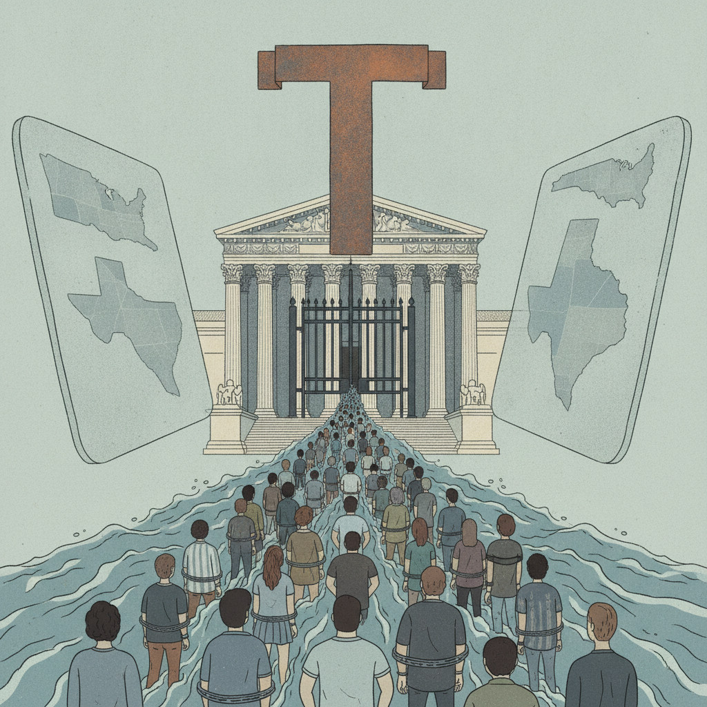 Illustration depicting a crowd approaching the Supreme Court building, sy — Supreme Court Trump immigrant detention policy