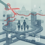 Illustration of a family moving through connected government data systems, with the Tell the Government Once Act aimed at…