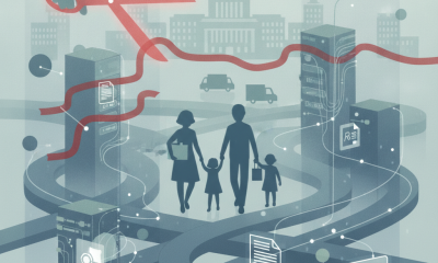 Illustration of a family moving through connected government data systems, with the Tell the Government Once Act aimed at…