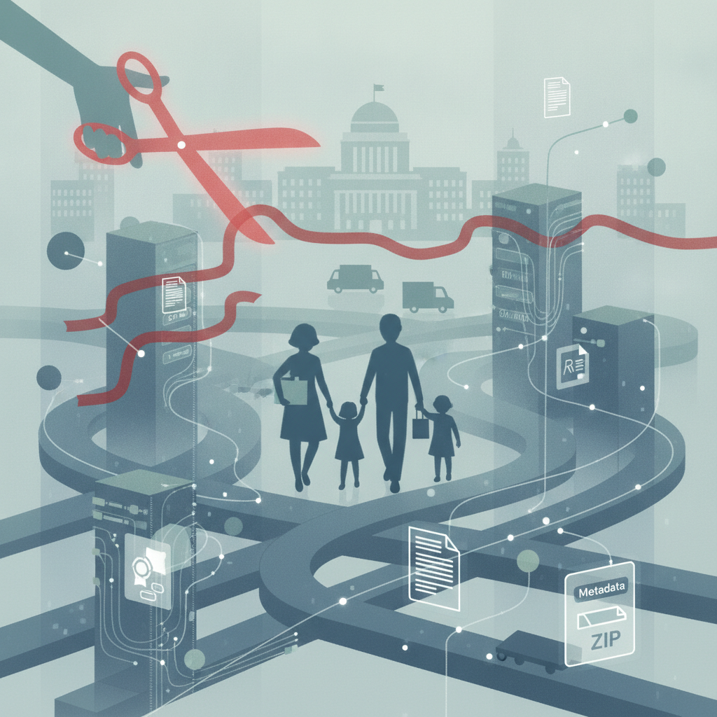 Illustration of a family moving through connected government data systems, with the Tell the Government Once Act aimed at…