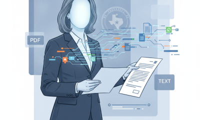 A professional woman in a suit holds a document, surrounded by digital icons representing — H-1B Visa Fraud Crackdown Act