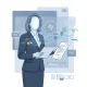 A professional woman in a suit holds a document, surrounded by digital icons representing — H-1B Visa Fraud Crackdown Act