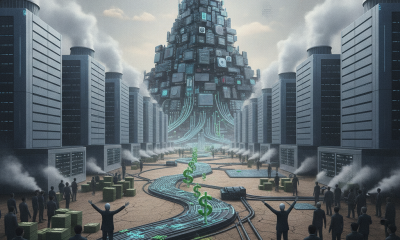 A futuristic cityscape with towering data centers, digital currency symbols, and people observ — US data center investment