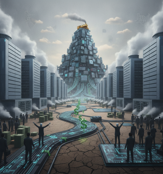 A futuristic cityscape with towering data centers, digital currency symbols, and people observ — US data center investment
