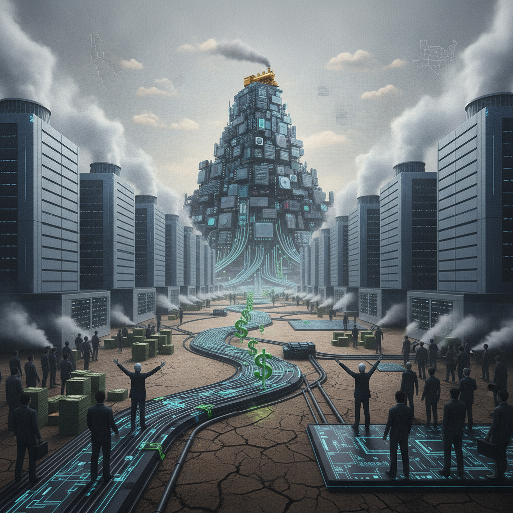 A futuristic cityscape with towering data centers, digital currency symbols, and people observ — US data center investment