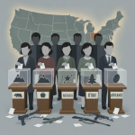 Illustration of voters casting ballots at booths before a U.S. map, with firearms on the floor, for gun ballot measures.