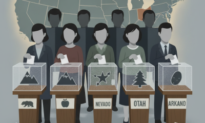 Illustration of voters casting ballots at booths before a U.S. map, with firearms on the floor, for gun ballot measures.