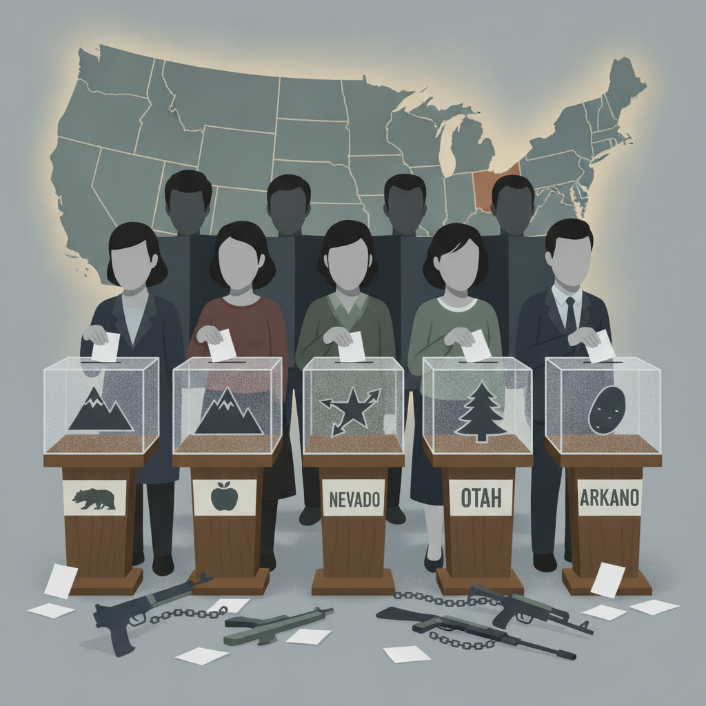 Illustration of voters casting ballots at booths before a U.S. map, with firearms on the floor, for gun ballot measures.