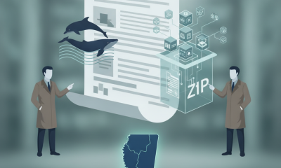 Illustration depicting two figures discussing the HR 10776 Marine Mammal Protection Act with dolphins and data elements in…