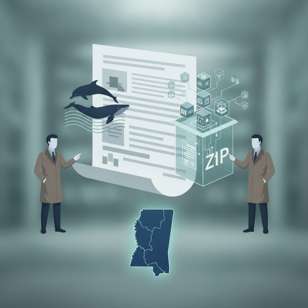 Illustration depicting two figures discussing the HR 10776 Marine Mammal Protection Act with dolphins and data elements in…