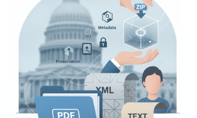 Illustration of a federal employee beside PDF and text files, metadata icons, and a ZIP down — Dual Citizen Disclosure Act