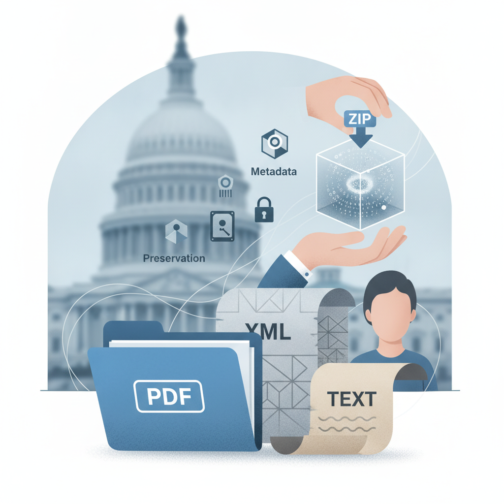 Illustration of a federal employee beside PDF and text files, metadata icons, and a ZIP down — Dual Citizen Disclosure Act