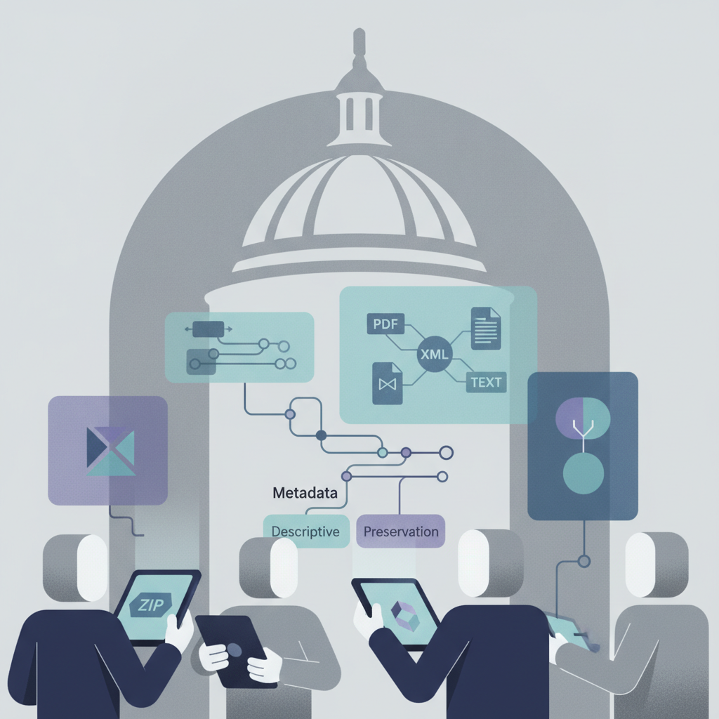 Illustration of digital documents and metadata icons over a domed government bui — Performance Life Disclosure Act of 2026