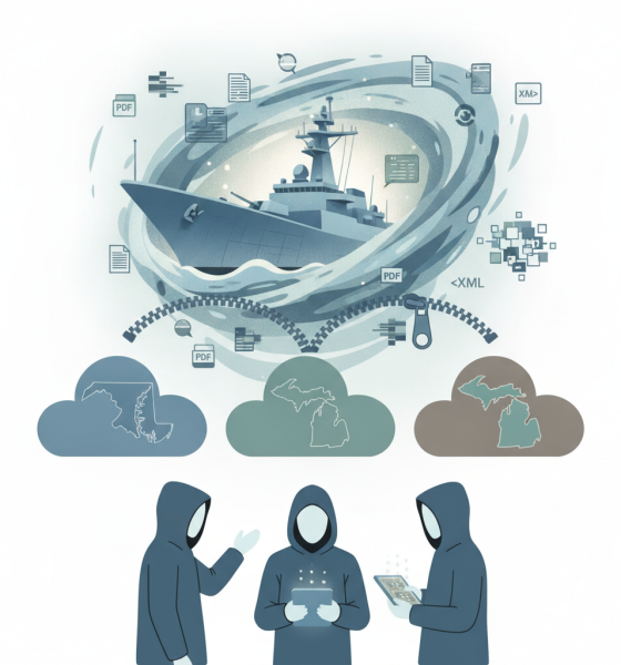 Illustration depicting a naval ship surrounded by digital documents and three figures discussing te — USS Doris Miller Act