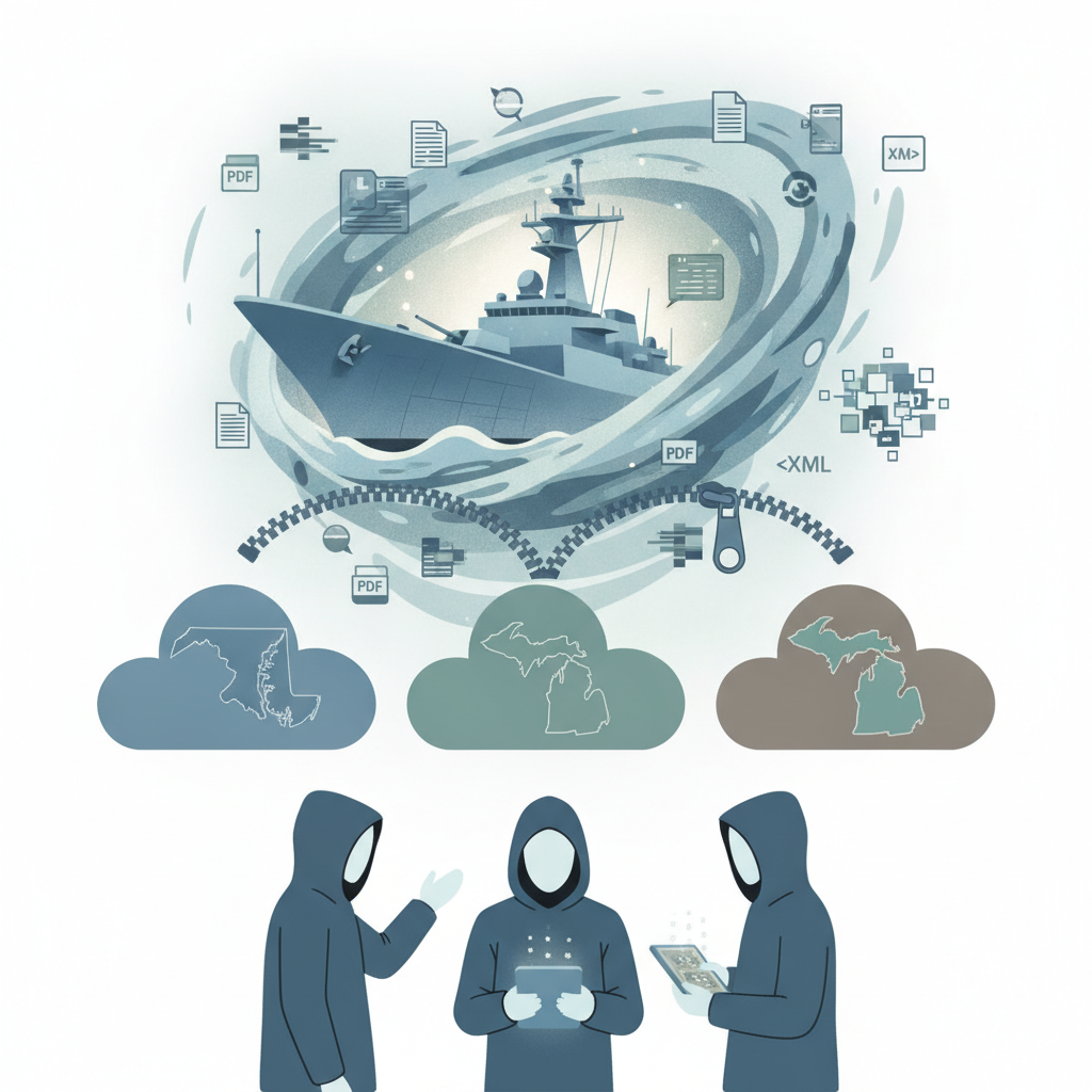 Illustration depicting a naval ship surrounded by digital documents and three figures discussing te — USS Doris Miller Act