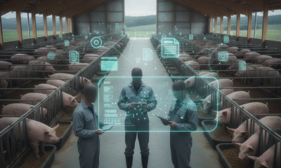 Farm workers monitor pigs in a barn with digital health displays, illustrating the US Swine Health Improvement Plan Act.