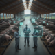 Farm workers monitor pigs in a barn with digital health displays, illustrating the US Swine Health Improvement Plan Act.