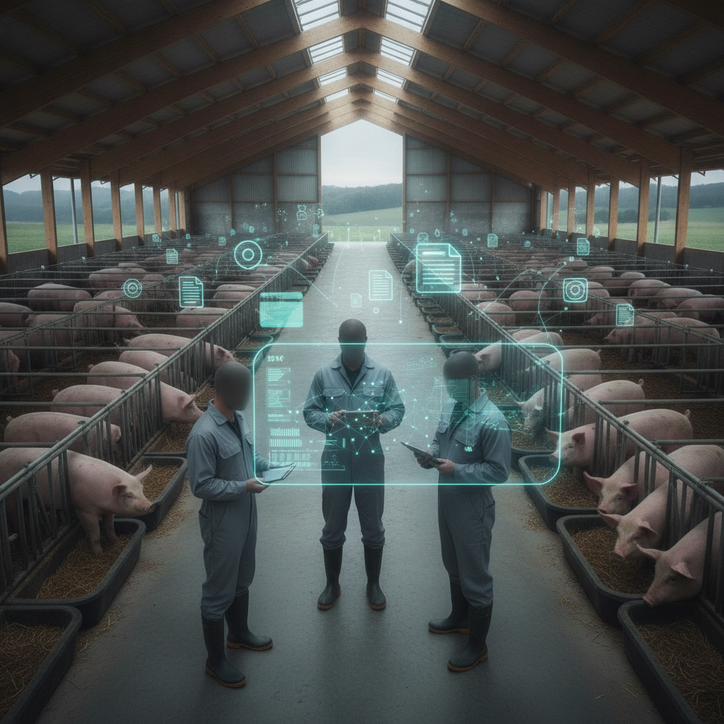 Farm workers monitor pigs in a barn with digital health displays, illustrating the US Swine Health Improvement Plan Act.