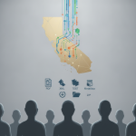 Illustrated California map with colored utility lines, file icons, and — Public Safety Power Shutoff Data Transparency Act
