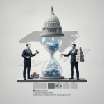 An illustration depicting two men in business attire near an hourglass with digital symb — No Betting on Your Own Race Act