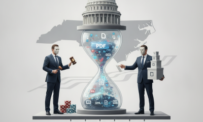 An illustration depicting two men in business attire near an hourglass with digital symb — No Betting on Your Own Race Act