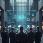A group of professionals in suits observing a futuristic digital — Protection of Social Security Benefits Restoration Act