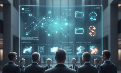 A group of professionals in suits observing a futuristic digital — Protection of Social Security Benefits Restoration Act