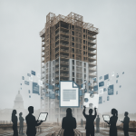 Silhouettes of people holding devices in front of a tall, partially constructed buil — Affordable Housing Construction Act